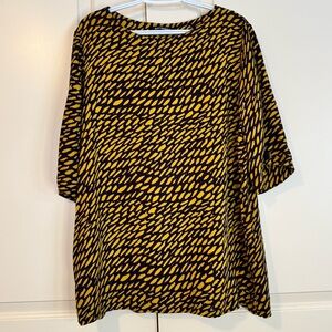 Marimekko Yellow Black Tunic Shirt Blouse Loose Fit O-neck 3/4 sleeves Sz 12